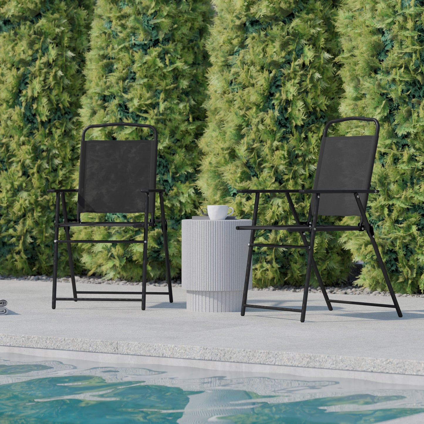 Set of 2 Contemporary Sling Style Patio Chairs with Armrests