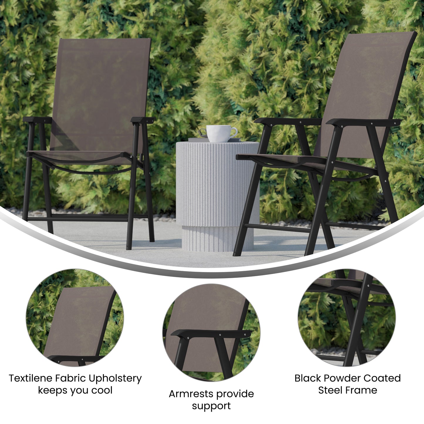 2PK BR/BK Folding Patio Chair 2-TLH-SC-044-BR-GG