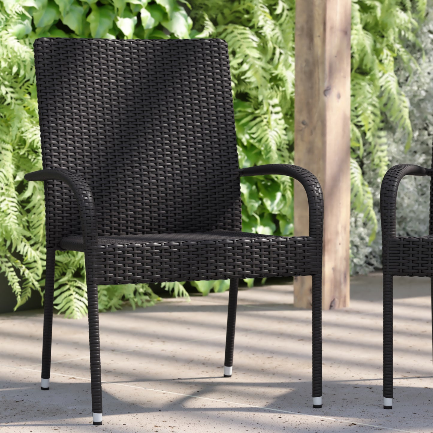 Modern Indoor/Outdoor Stackable Wicker Patio Chairs with Arms - Set of 2