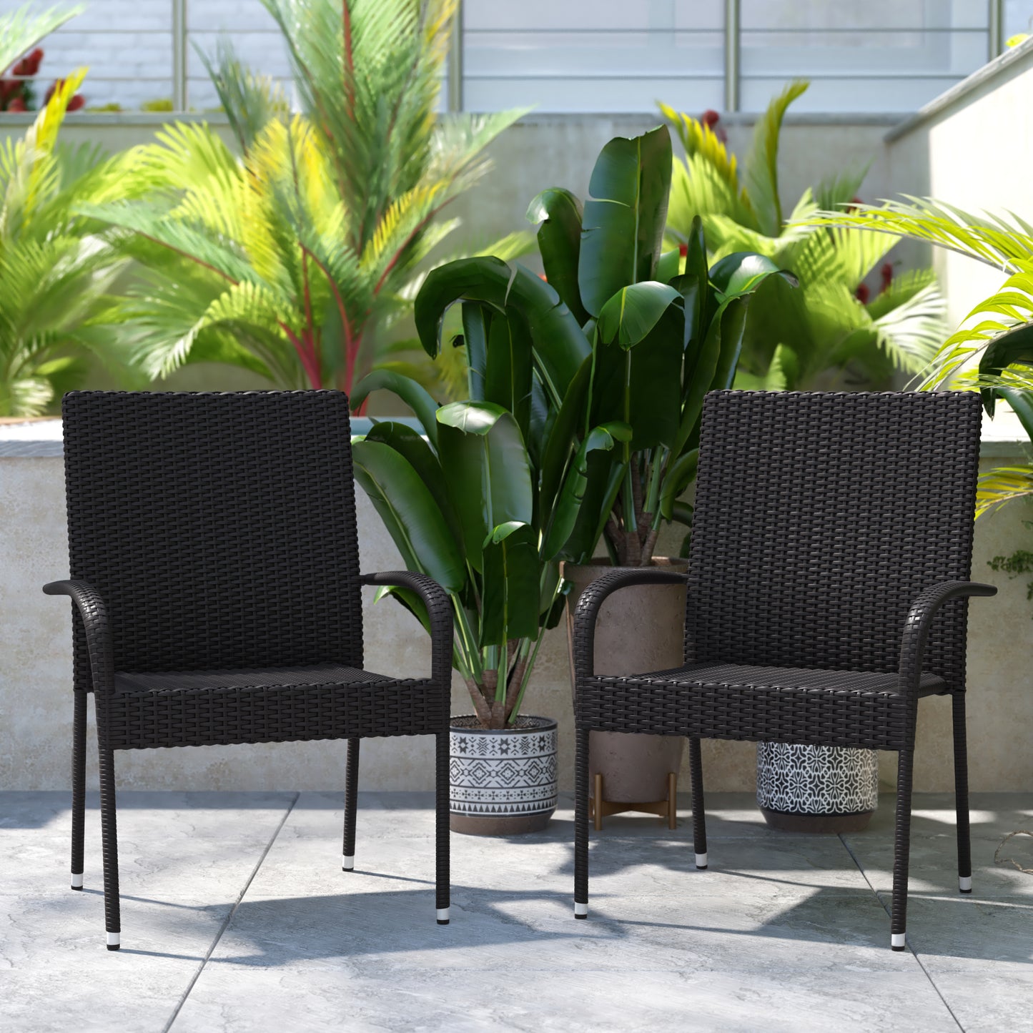 Modern Indoor/Outdoor Stackable Wicker Patio Chairs with Arms - Set of 2