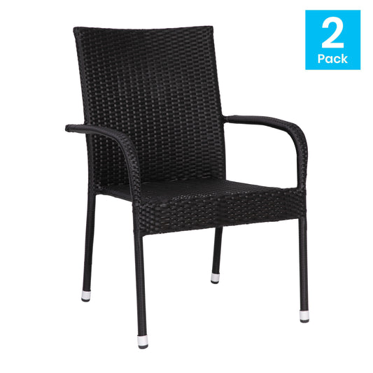 Modern Indoor/Outdoor Stackable Wicker Patio Chairs with Arms - Set of 2