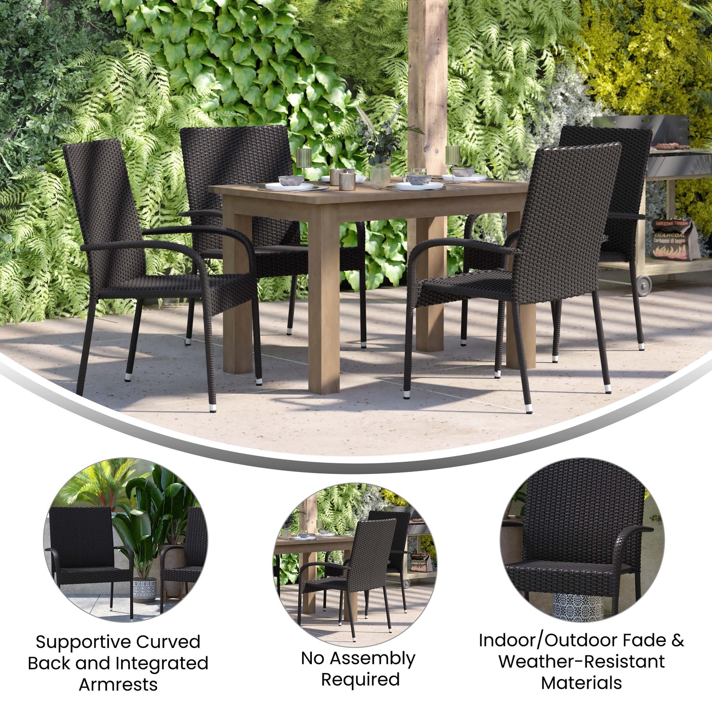 Modern Indoor/Outdoor Stackable Wicker Patio Chairs with Arms - Set of 2