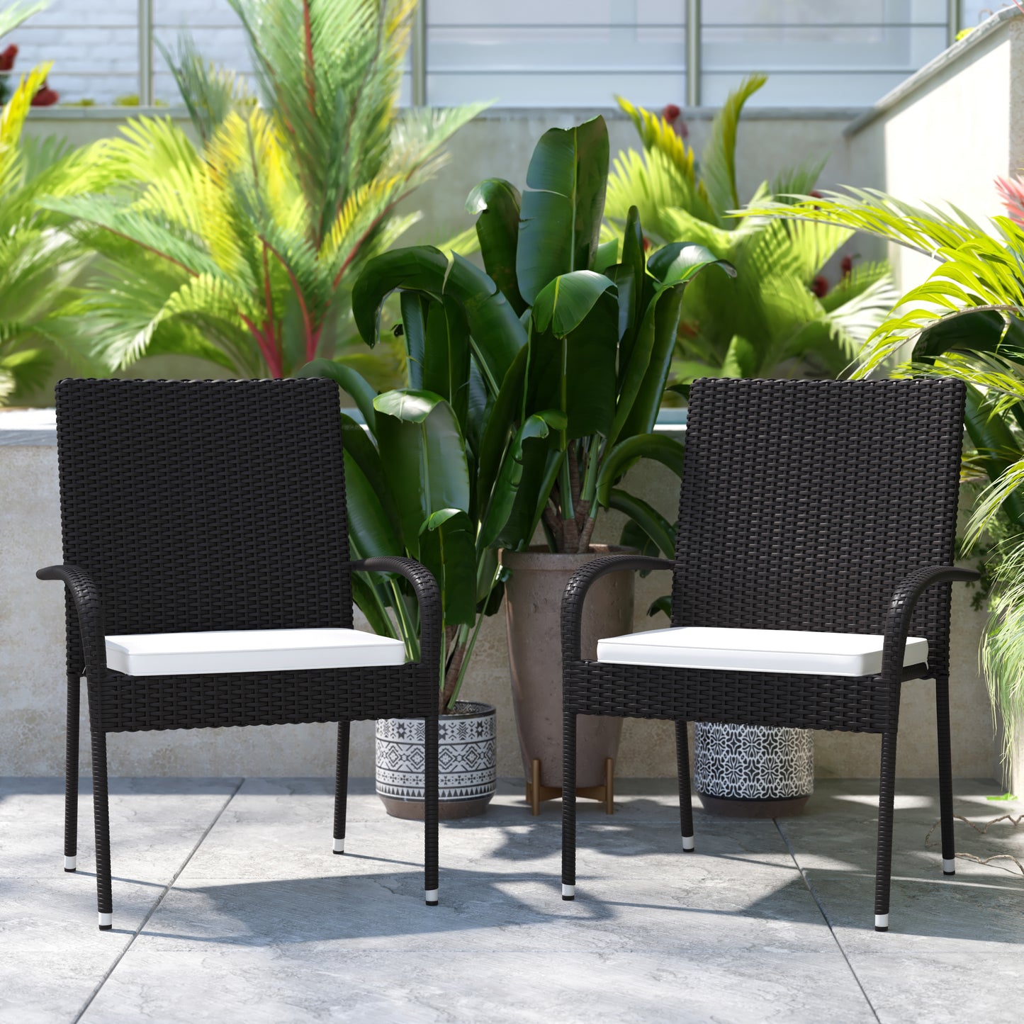 Contemporary Set of 2 Indoor/Outdoor PE Wicker Patio Chairs with Seat Cushions