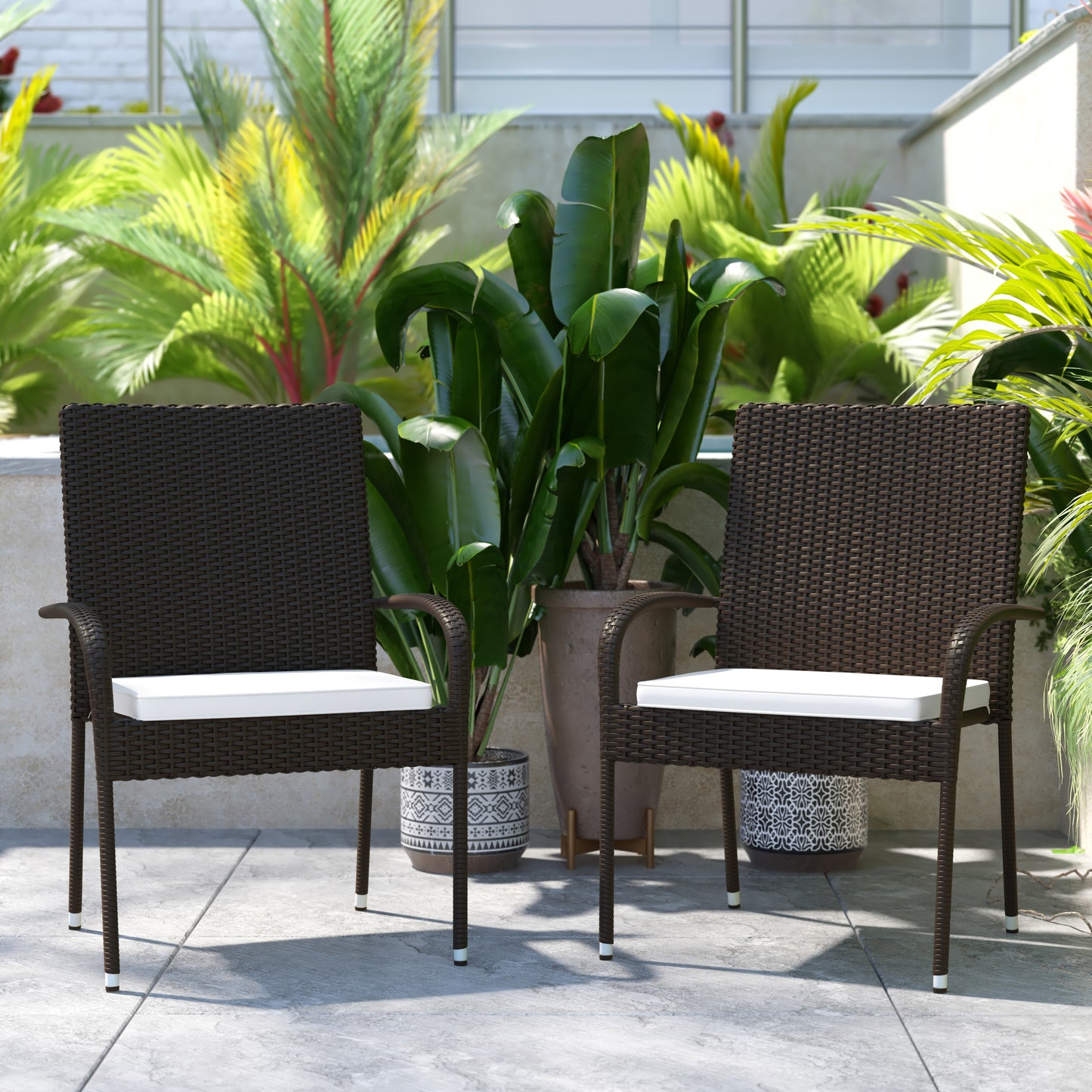 Contemporary Set of 2 Indoor/Outdoor PE Wicker Patio Chairs with Seat Cushions