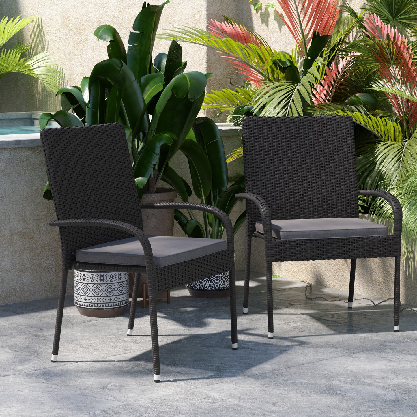 2PK Black Patio Chairs 2-TW-3WBE073-CU01GY-BK-GG