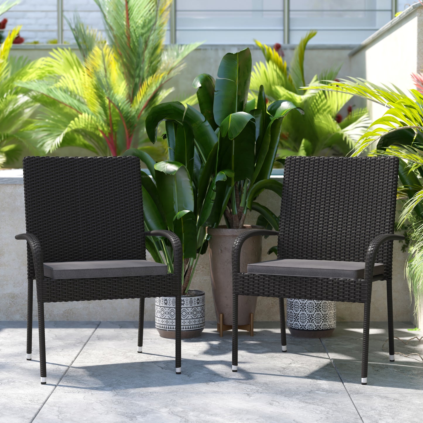 Contemporary Set of 2 Indoor/Outdoor PE Wicker Patio Chairs with Seat Cushions