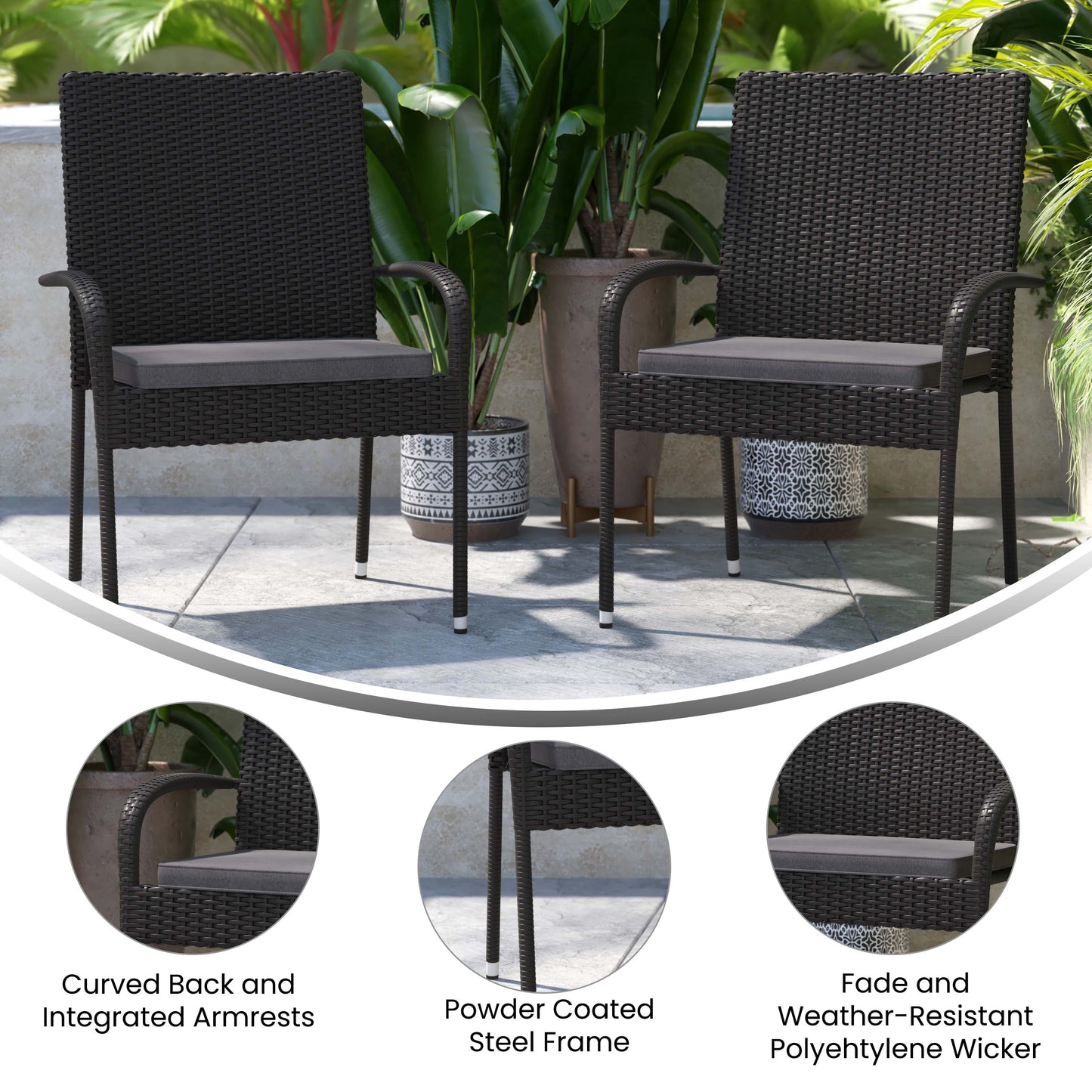 Contemporary Set of 2 Indoor/Outdoor PE Wicker Patio Chairs with Seat Cushions