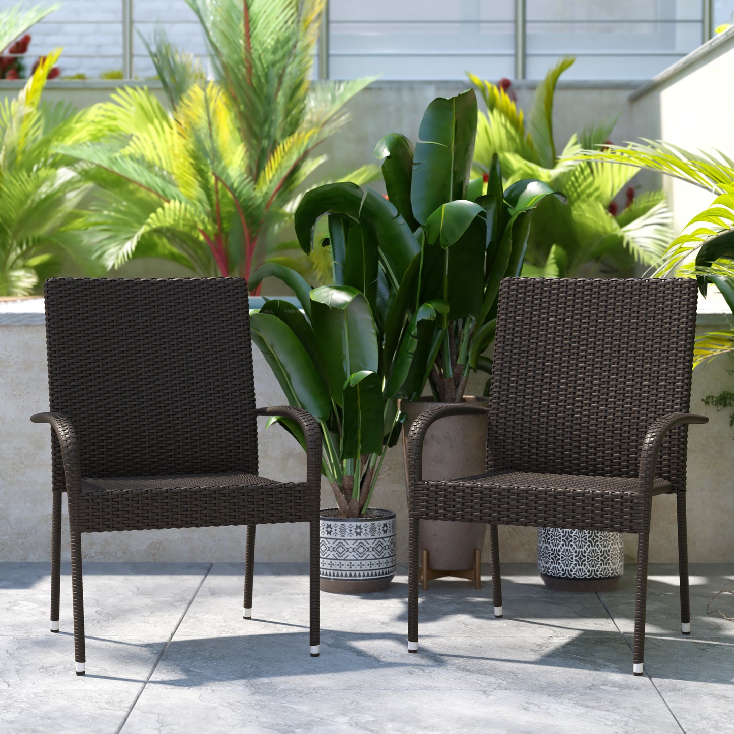 Modern Indoor/Outdoor Stackable Wicker Patio Chairs with Arms - Set of 2