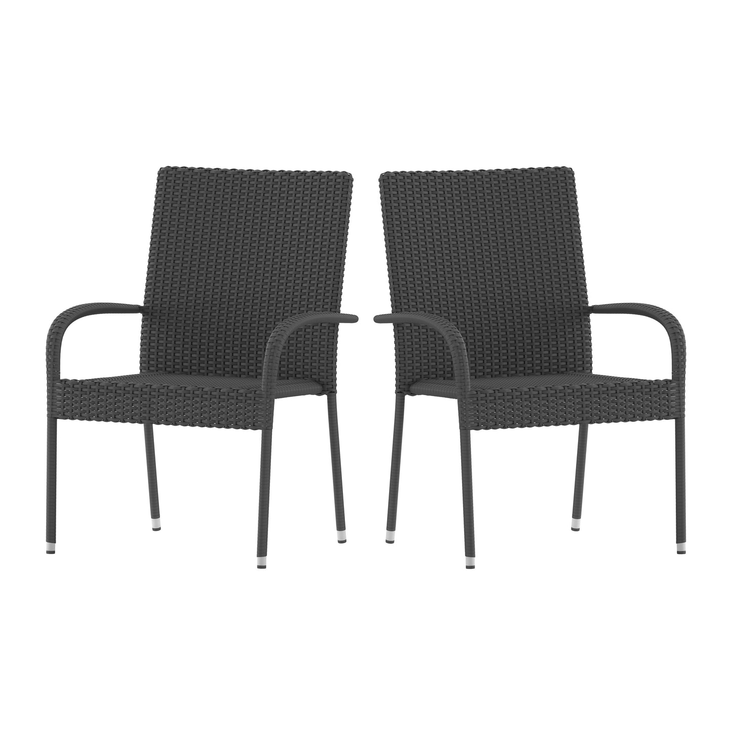 Modern Indoor/Outdoor Stackable Wicker Patio Chairs with Arms - Set of 2