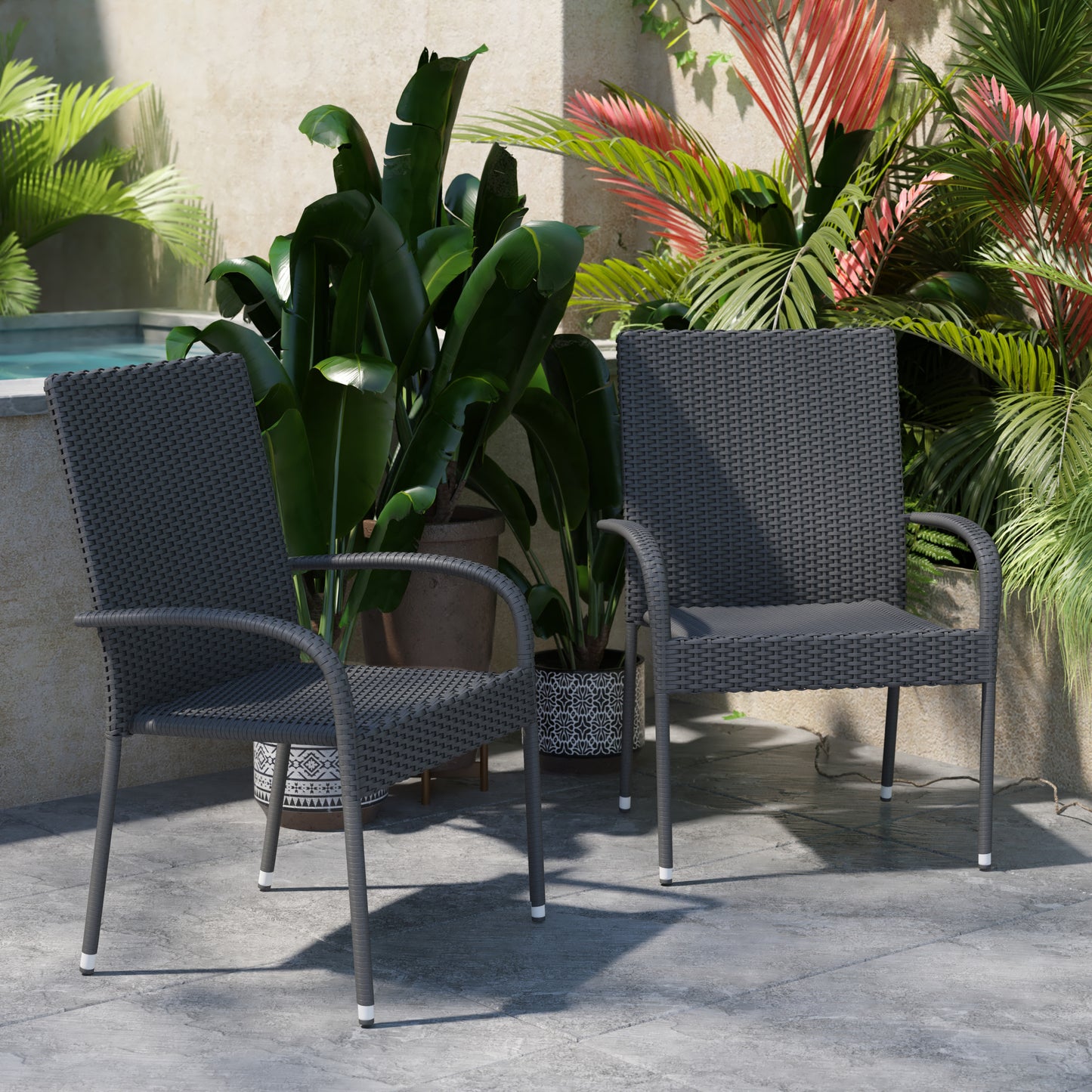 Modern Indoor/Outdoor Stackable Wicker Patio Chairs with Arms - Set of 2