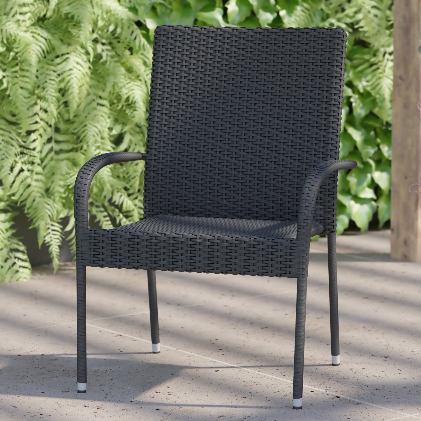 Modern Indoor/Outdoor Stackable Wicker Patio Chairs with Arms - Set of 2