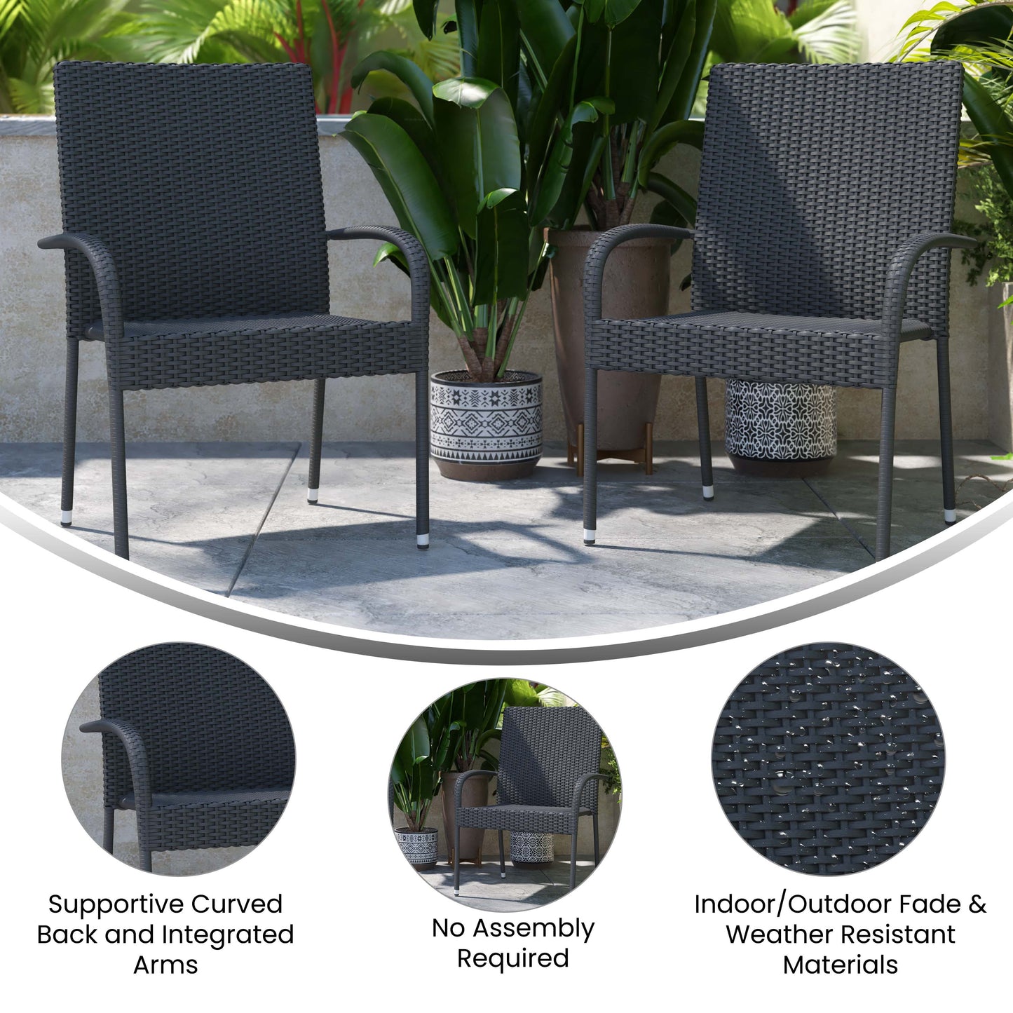 Modern Indoor/Outdoor Stackable Wicker Patio Chairs with Arms - Set of 2