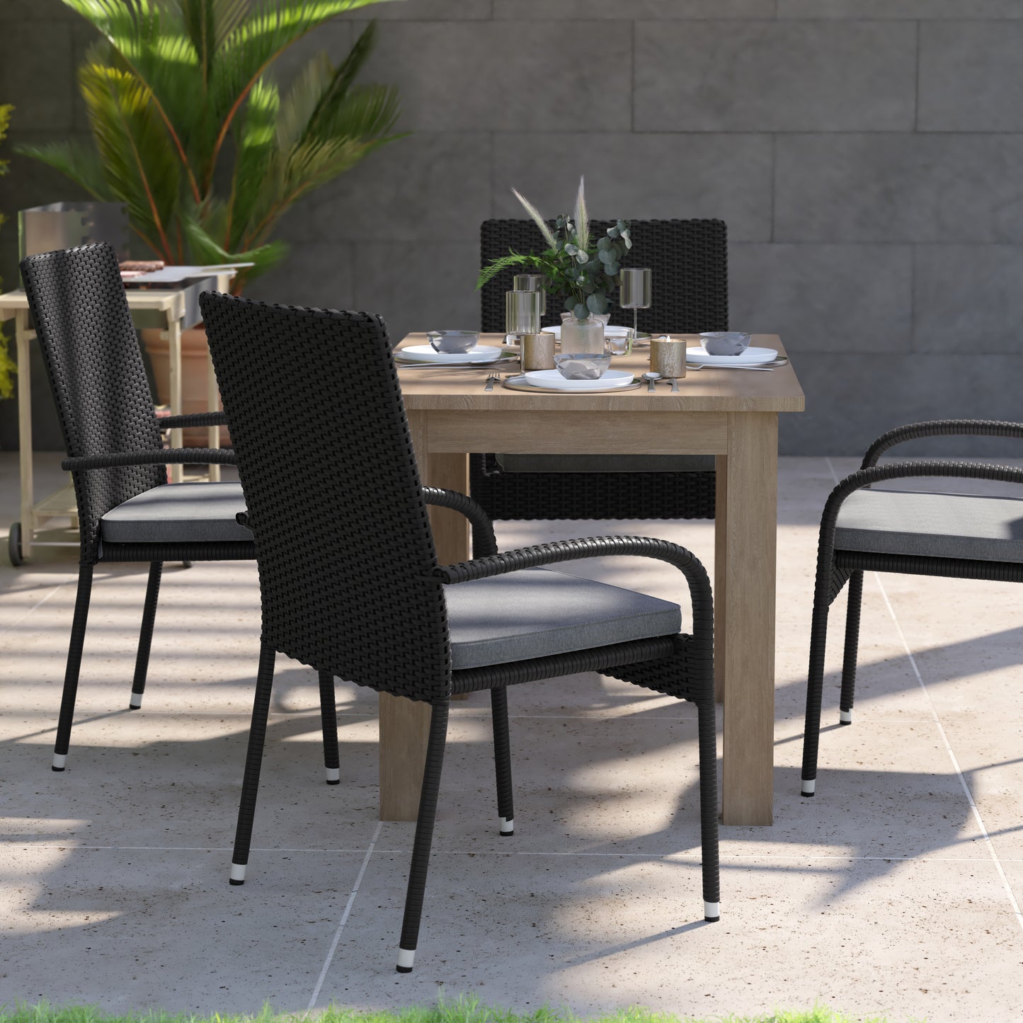 4PK Black Patio Chairs 4-TW-3WBE073-CU01GY-BK-GG