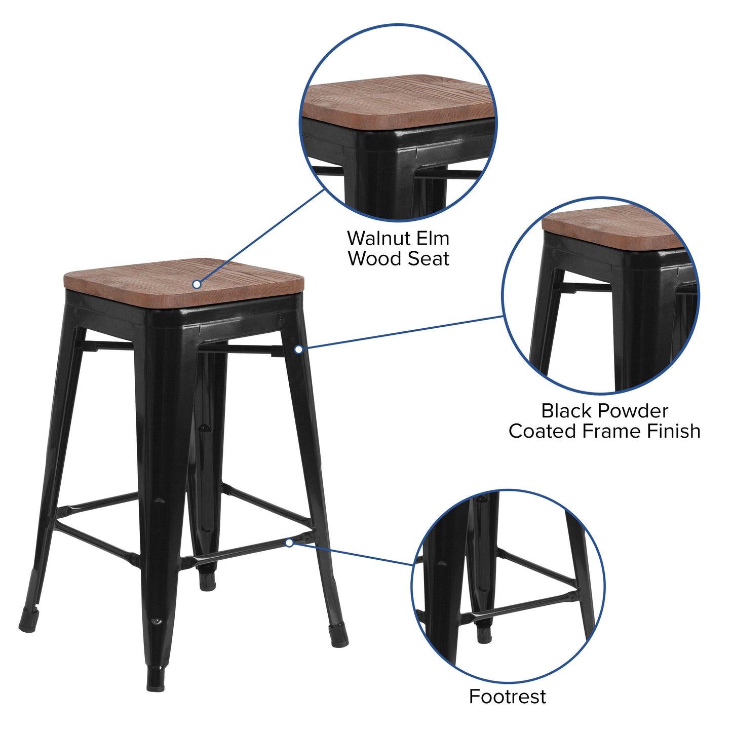 24" Black Backless Metal Stool CH-31320-24-BK-WD-GG