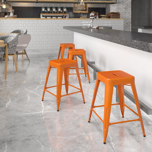 24" Orange No Back Metal Stool CH-31320-24-OR-GG