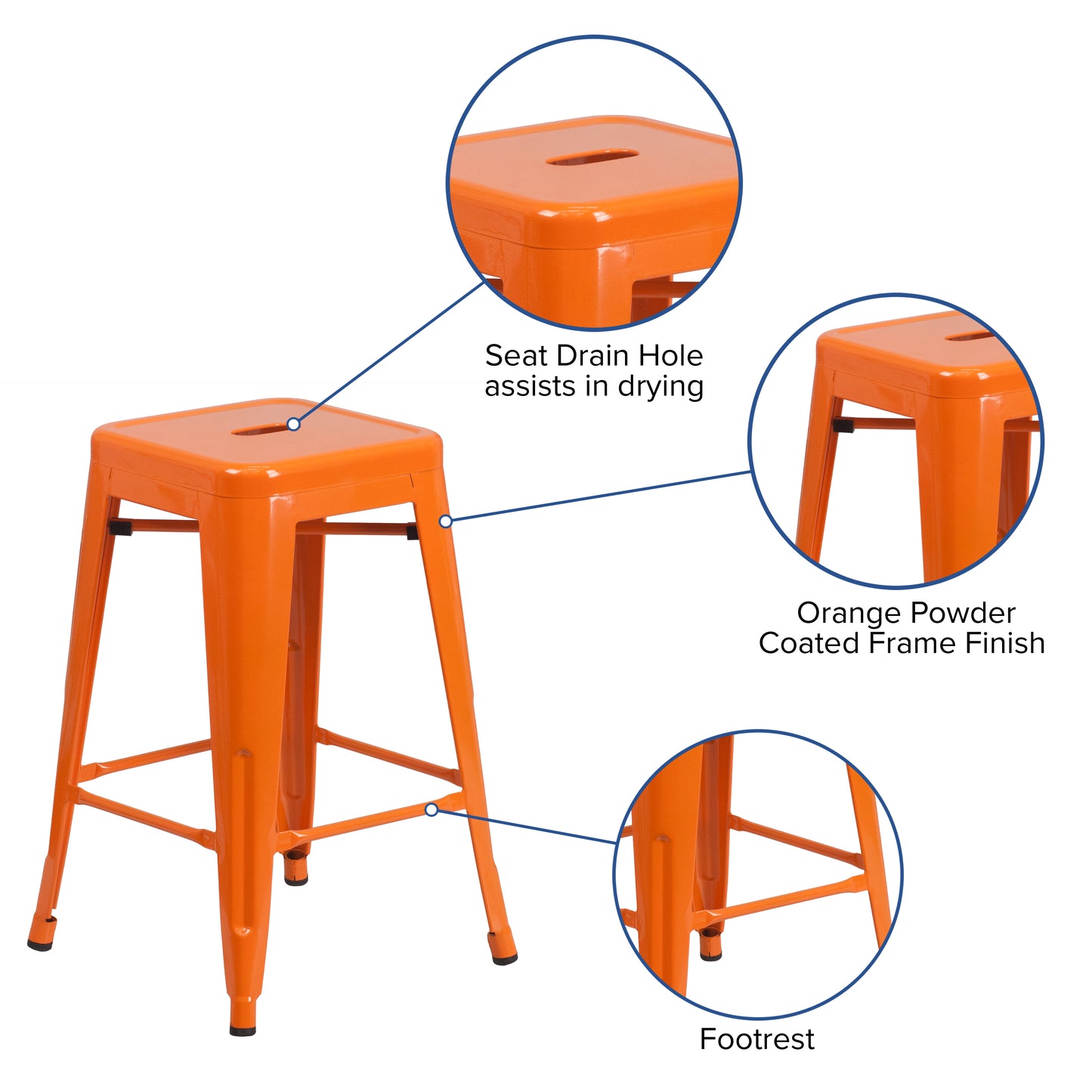 24" Orange No Back Metal Stool CH-31320-24-OR-GG