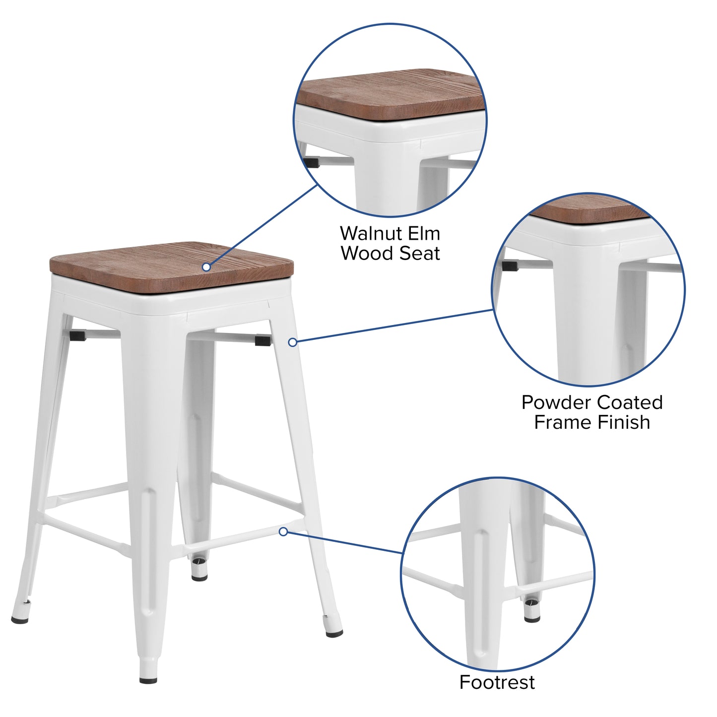 24" White Metal Counter Stool CH-31320-24-WH-WD-GG