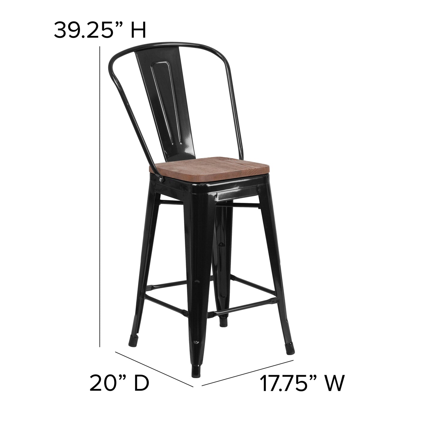 24" Black Metal Counter Stool CH-31320-24GB-BK-WD-GG