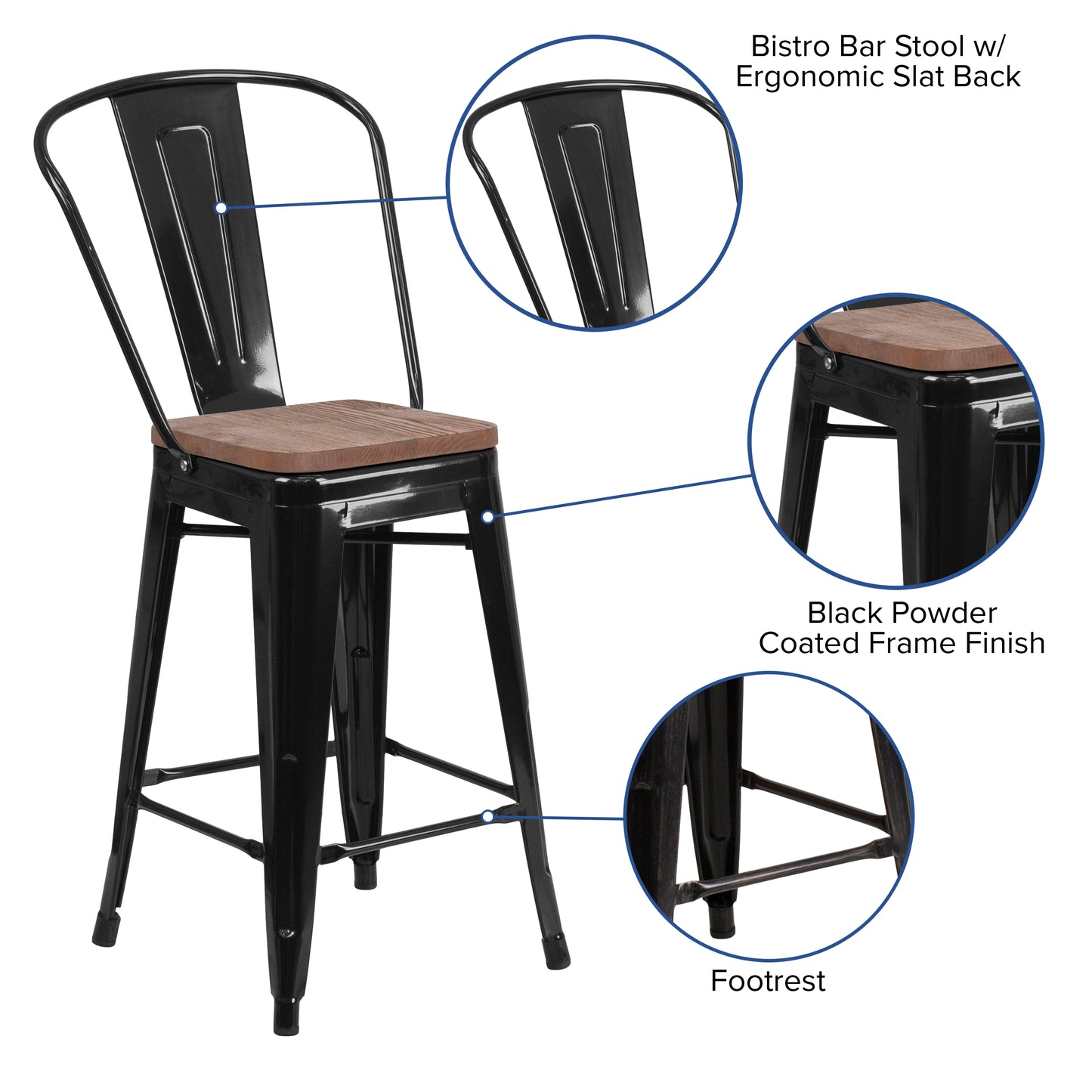 24" Black Metal Counter Stool CH-31320-24GB-BK-WD-GG