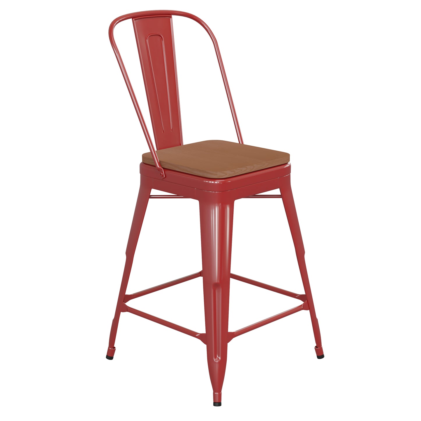 24" Red Stool-Teak Seat CH-31320-24GB-RED-PL2T-GG