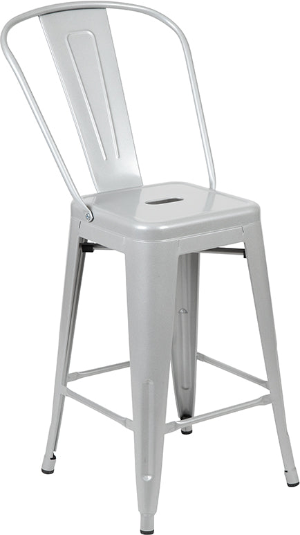 24" Silver Metal Outdoor Stool CH-31320-24GB-SIL-GG