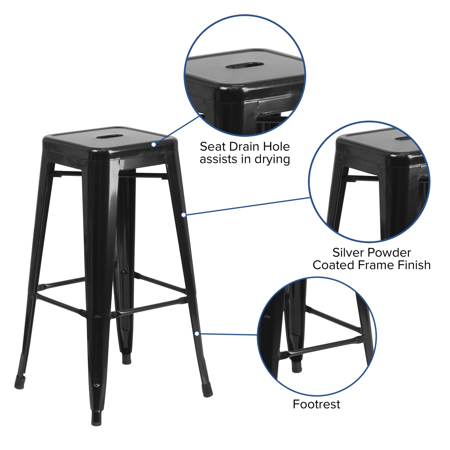 30" Black No Back Metal Stool CH-31320-30-BK-GG