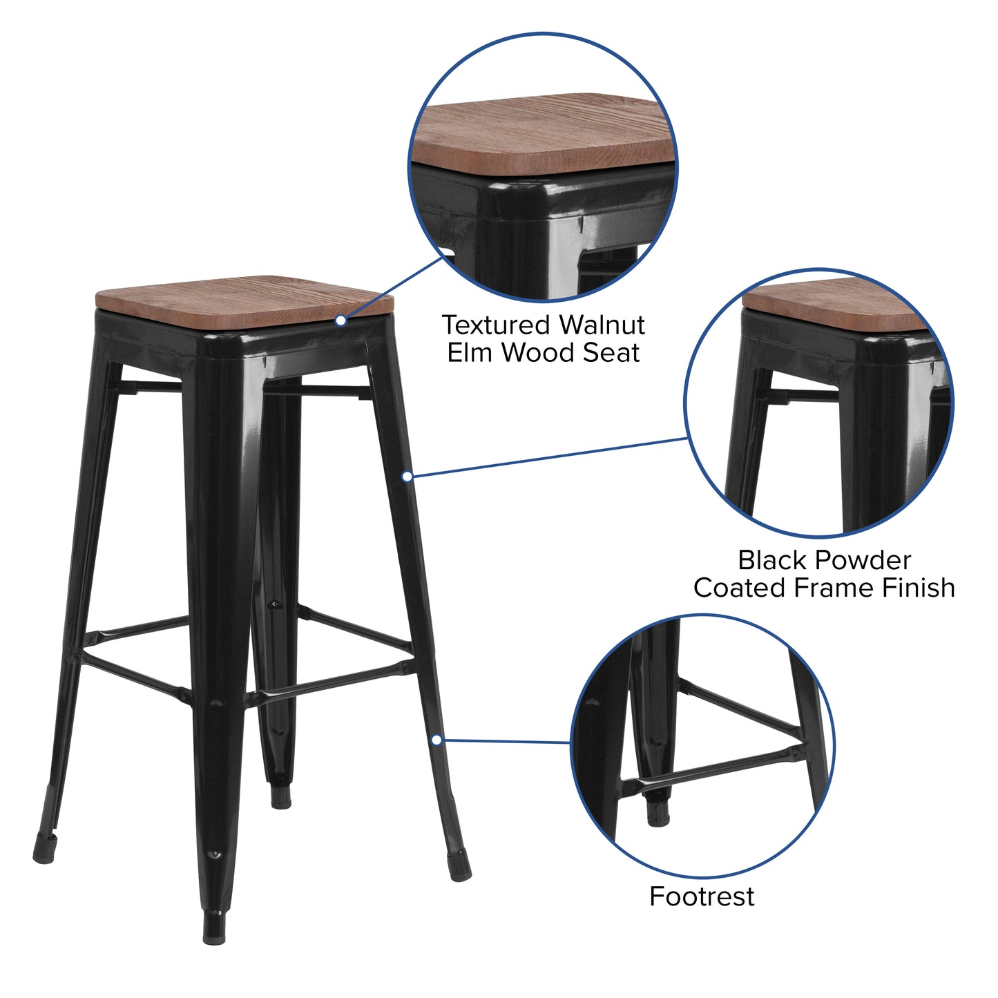 30" Black Backless Metal Stool CH-31320-30-BK-WD-GG