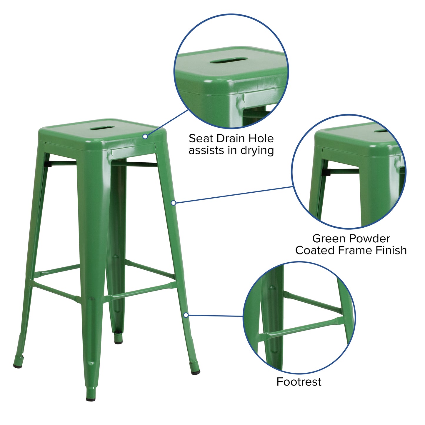 30" Green No Back Metal Stool CH-31320-30-GN-GG