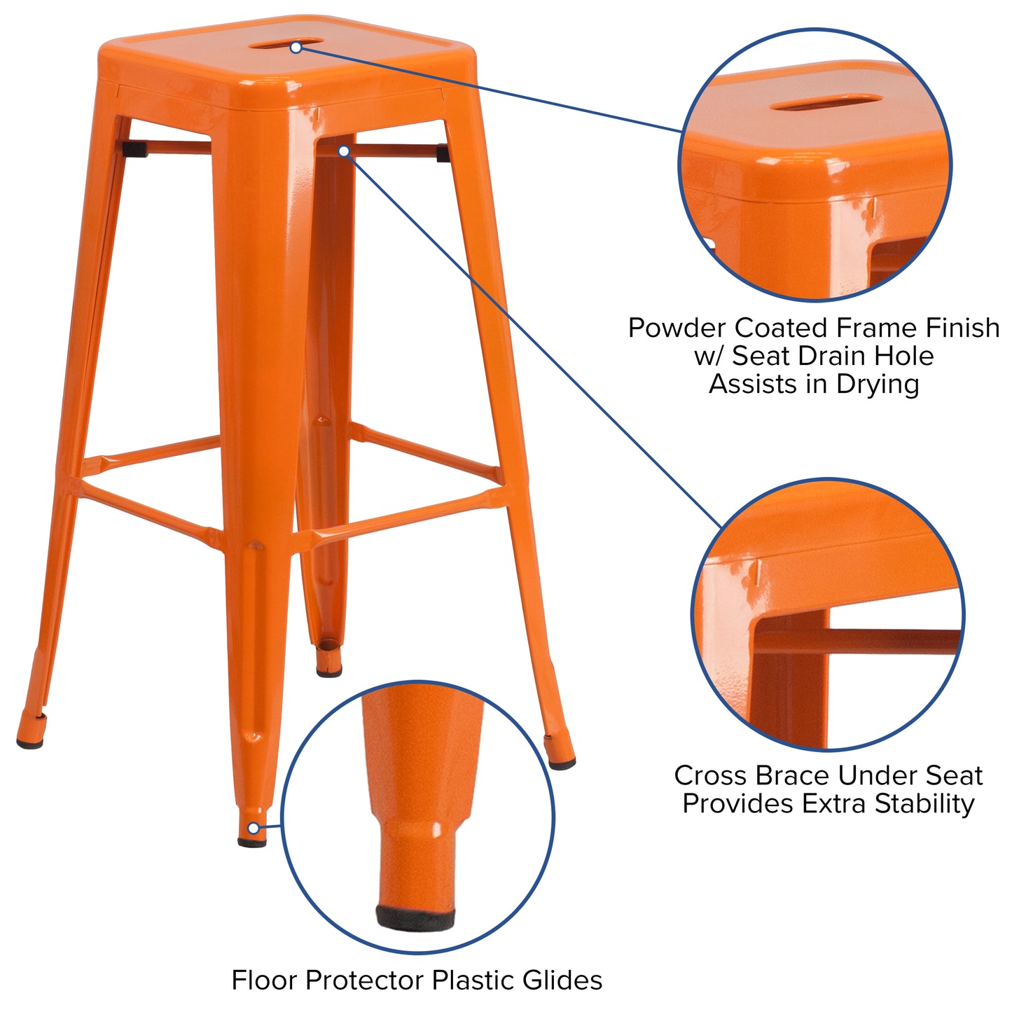 30" Orange No Back Metal Stool CH-31320-30-OR-GG