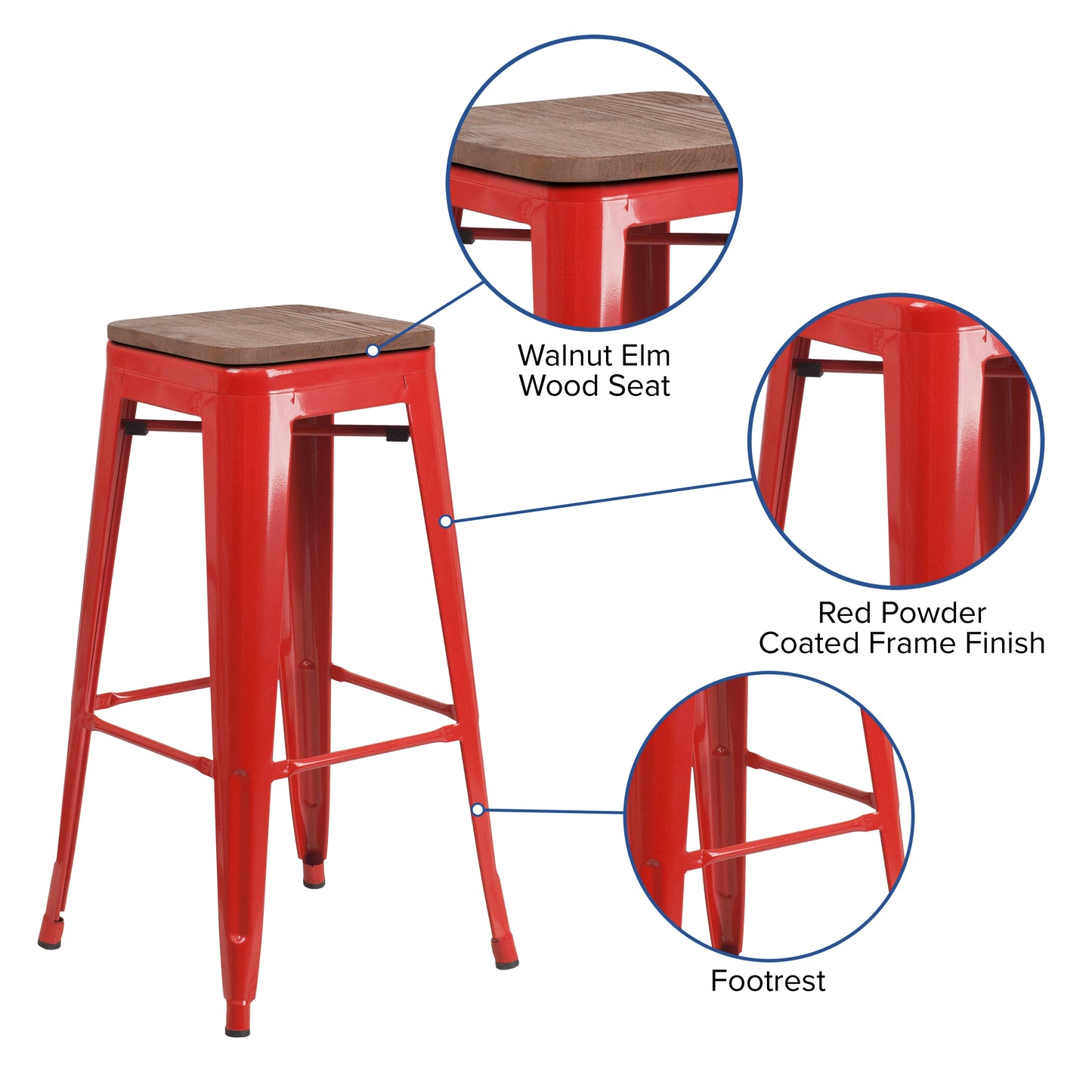 30" Red Metal Barstool CH-31320-30-RED-WD-GG