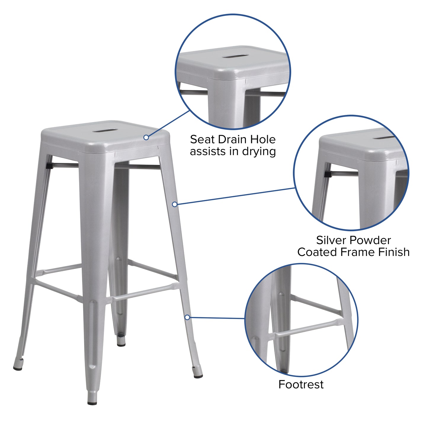 30" Silver No Back Metal Stool CH-31320-30-SIL-GG