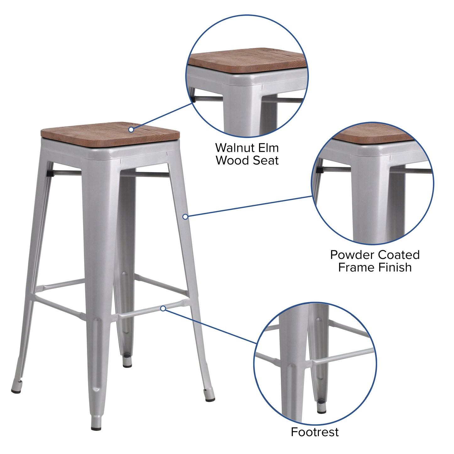 30" Silver Metal Barstool CH-31320-30-SIL-WD-GG