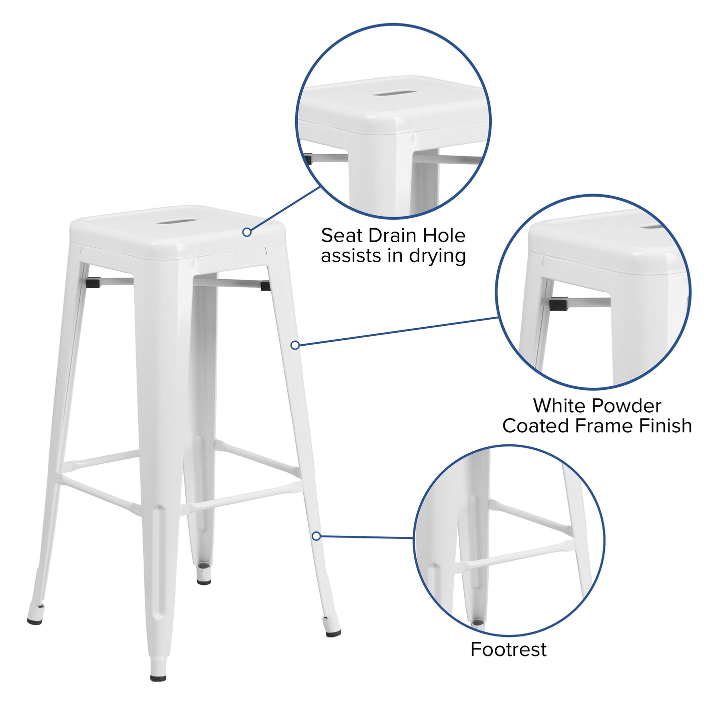 30" White No Back Metal Stool CH-31320-30-WH-GG