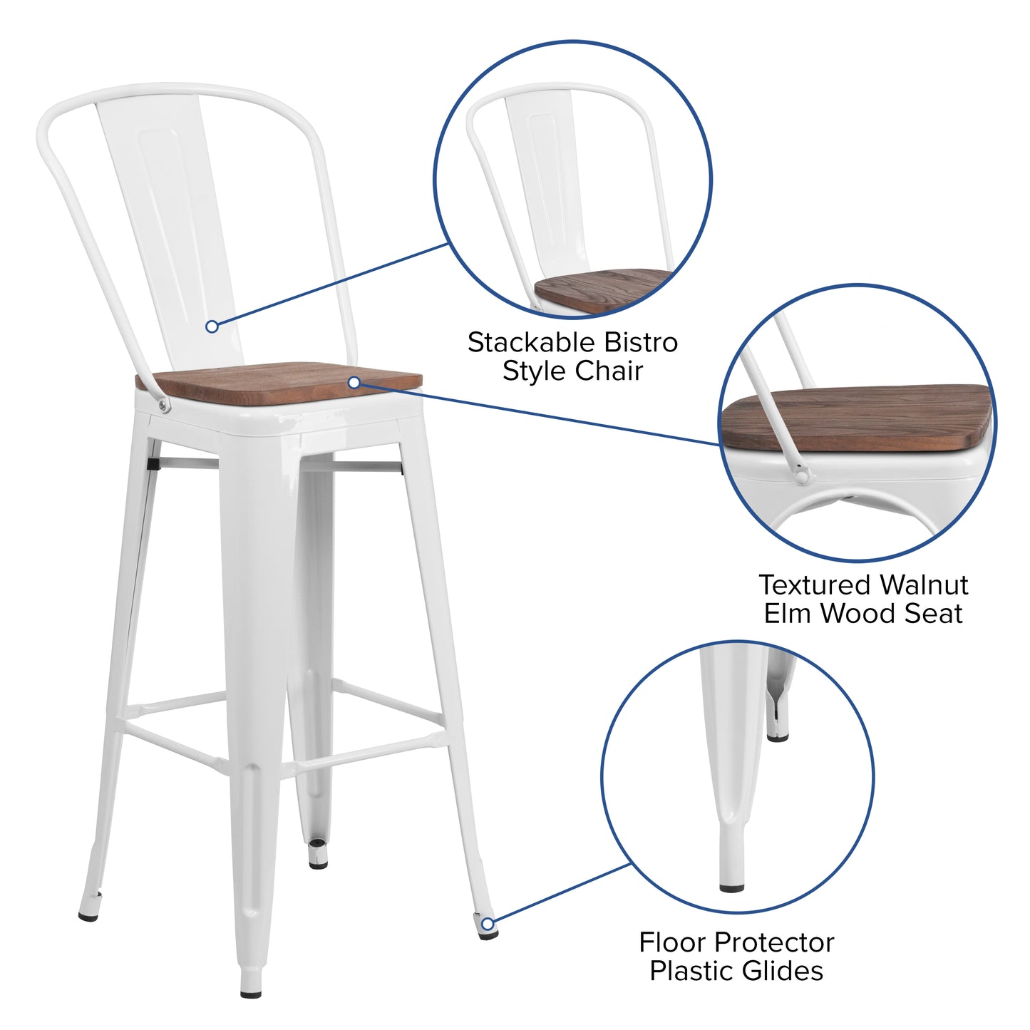 30" White Metal Barstool CH-31320-30GB-WH-WD-GG