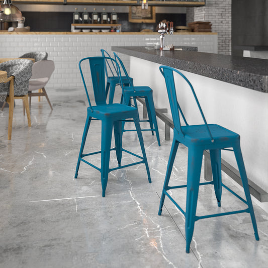 Distressed Blue Metal Stool ET-3534-24-AB-GG