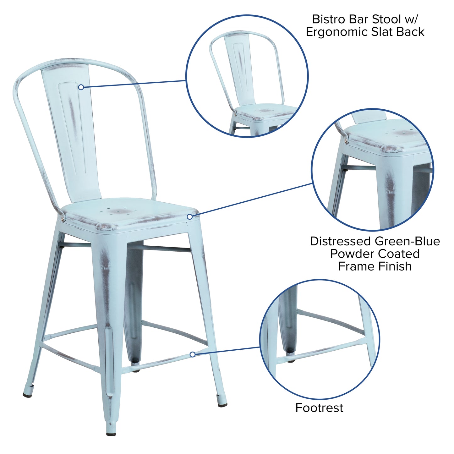 Distressed Gn-Blue Metal Stool ET-3534-24-DB-GG