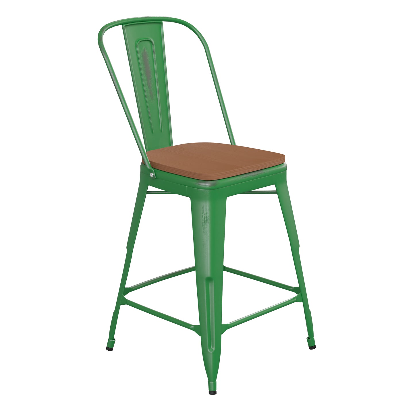 Green Metal Stool-Teak Seat ET-3534-24-GN-PL1T-GG