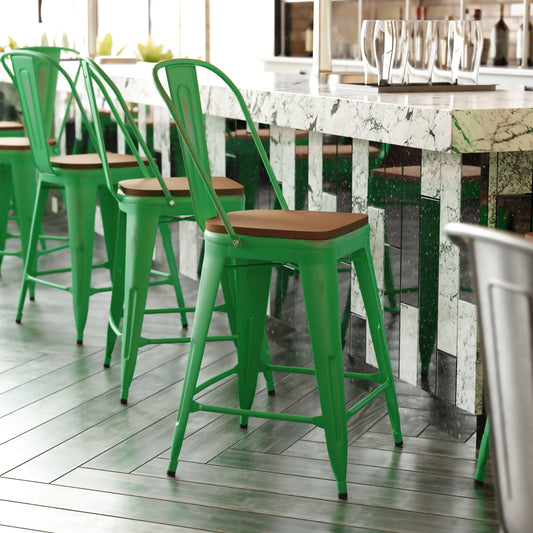 Green Metal Stool-Teak Seat ET-3534-24-GN-PL1T-GG