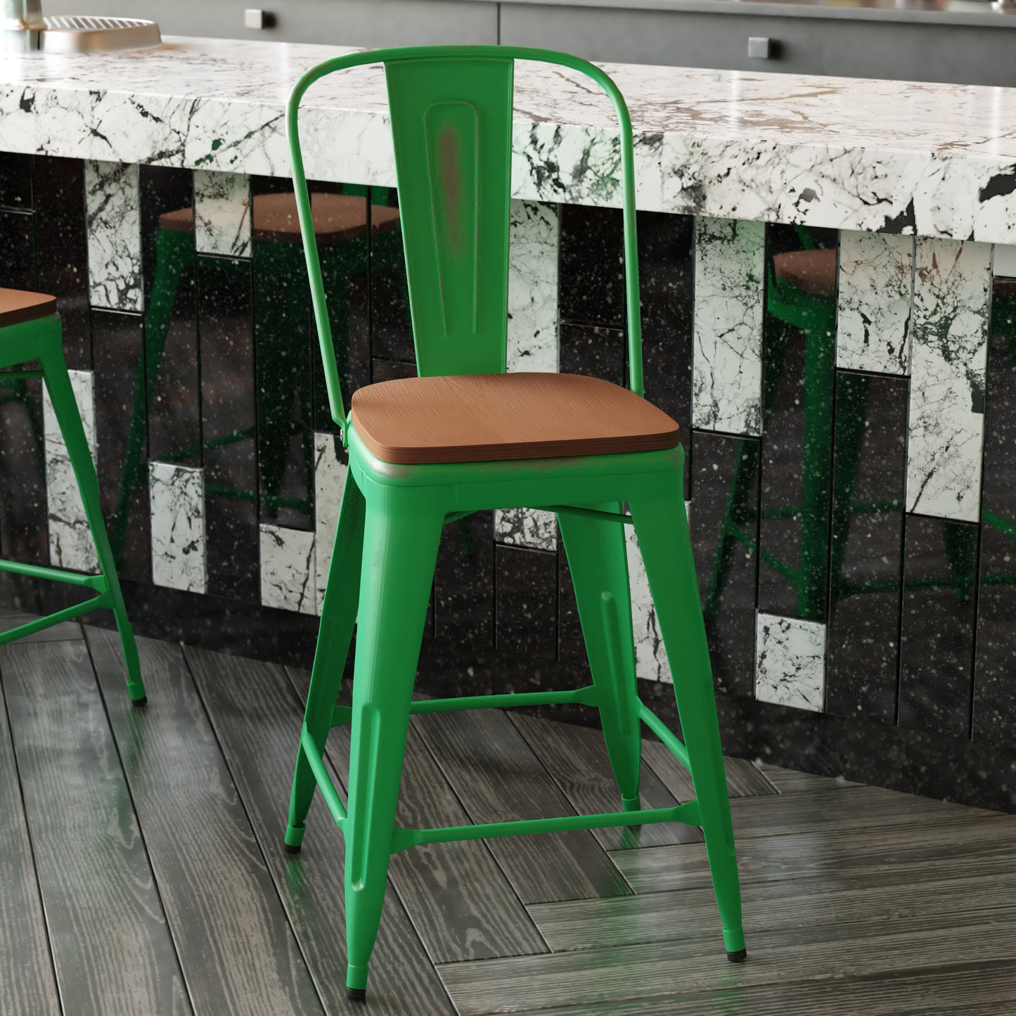 Green Metal Stool-Teak Seat ET-3534-24-GN-PL1T-GG