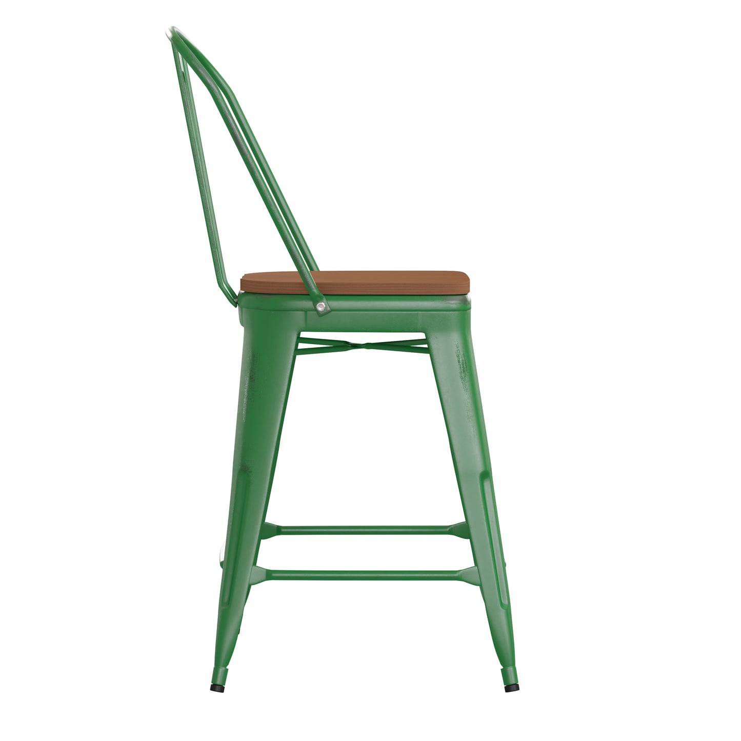 Green Metal Stool-Teak Seat ET-3534-24-GN-PL1T-GG