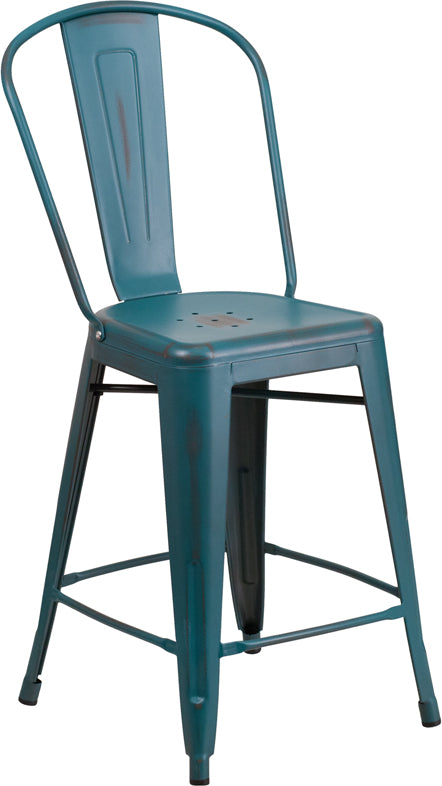 Distressed Blue-Tl Metal Stool ET-3534-24-KB-GG