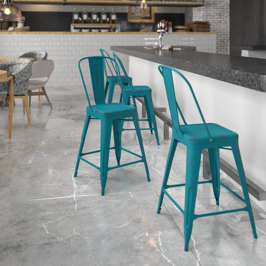 Distressed Blue-Tl Metal Stool ET-3534-24-KB-GG