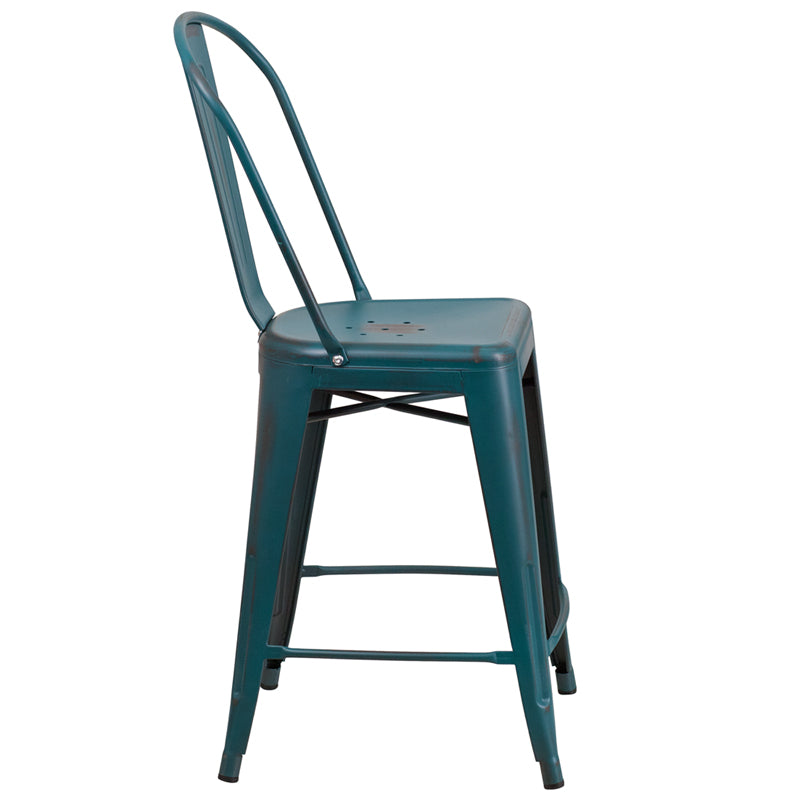 Distressed Blue-Tl Metal Stool ET-3534-24-KB-GG