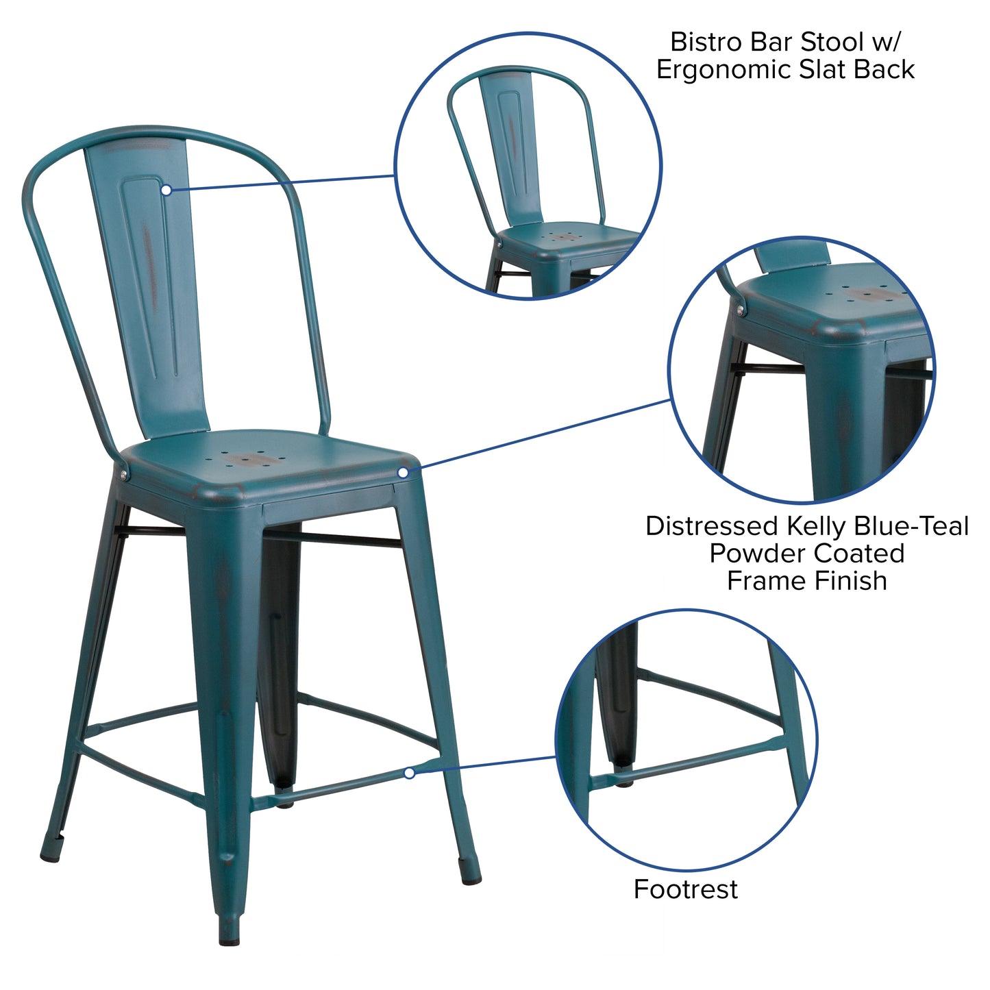 Distressed Blue-Tl Metal Stool ET-3534-24-KB-GG