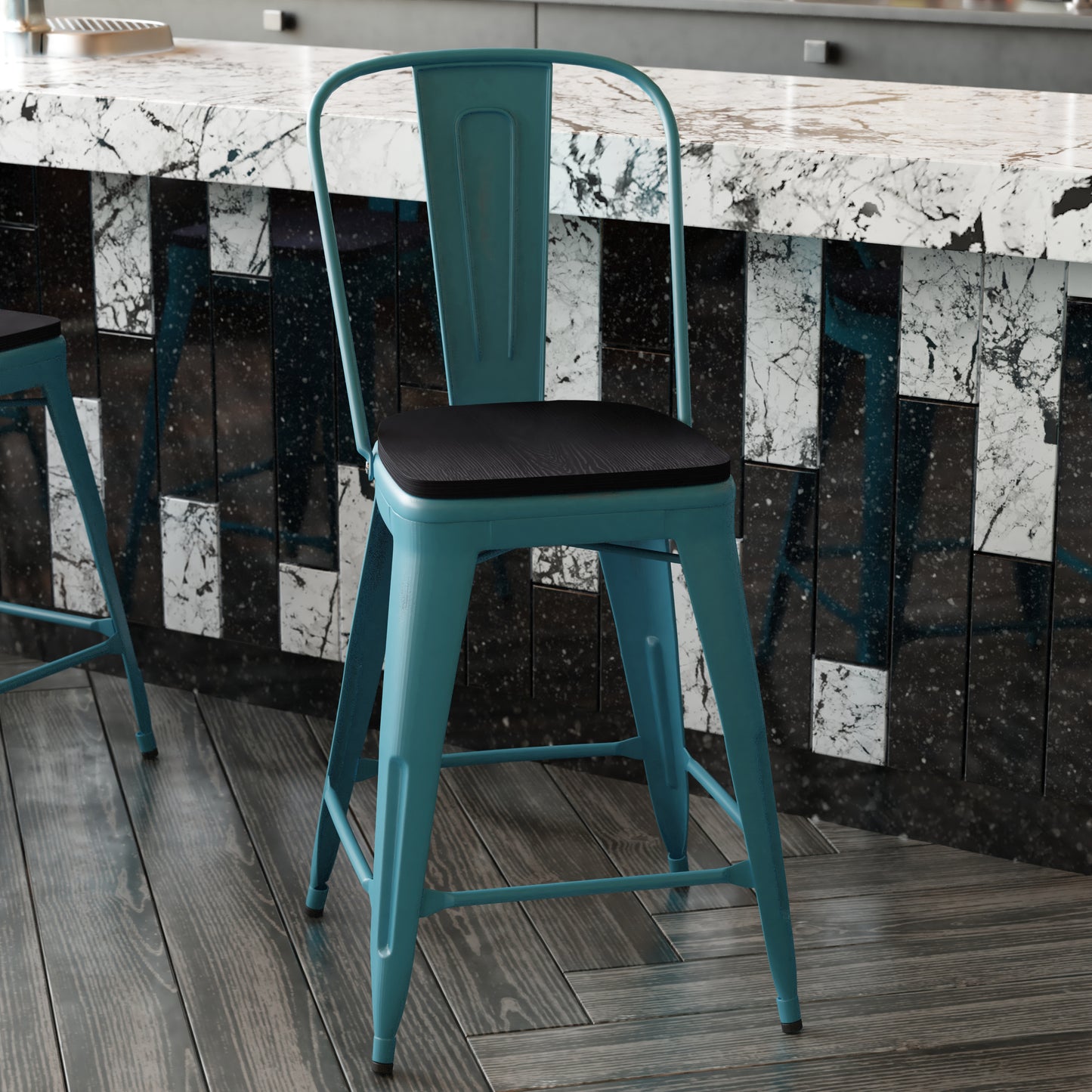 Blue-Tl Metal Stool-Black Seat ET-3534-24-KB-PL1B-GG