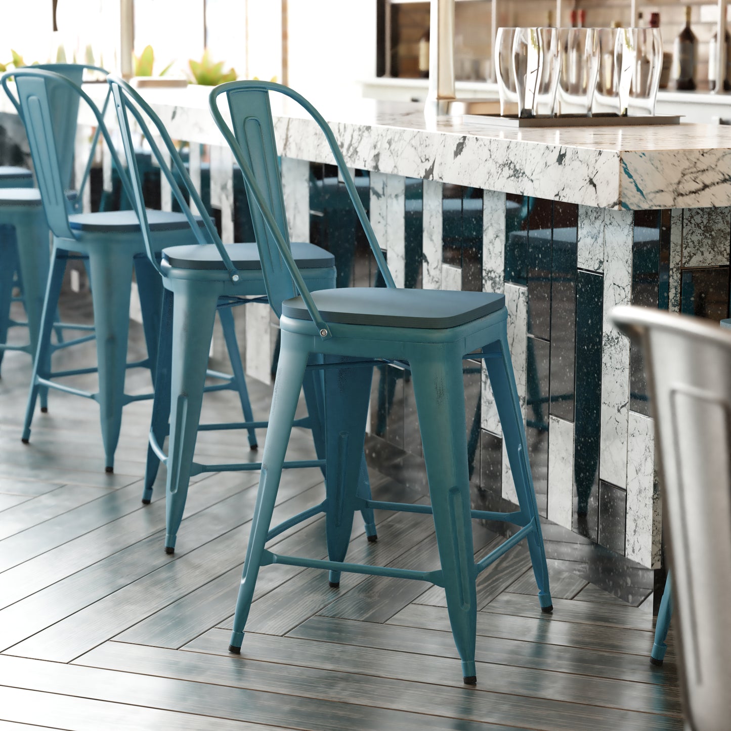 Blue-Tl Metal Stool-Teal Seat ET-3534-24-KB-PL1C-GG