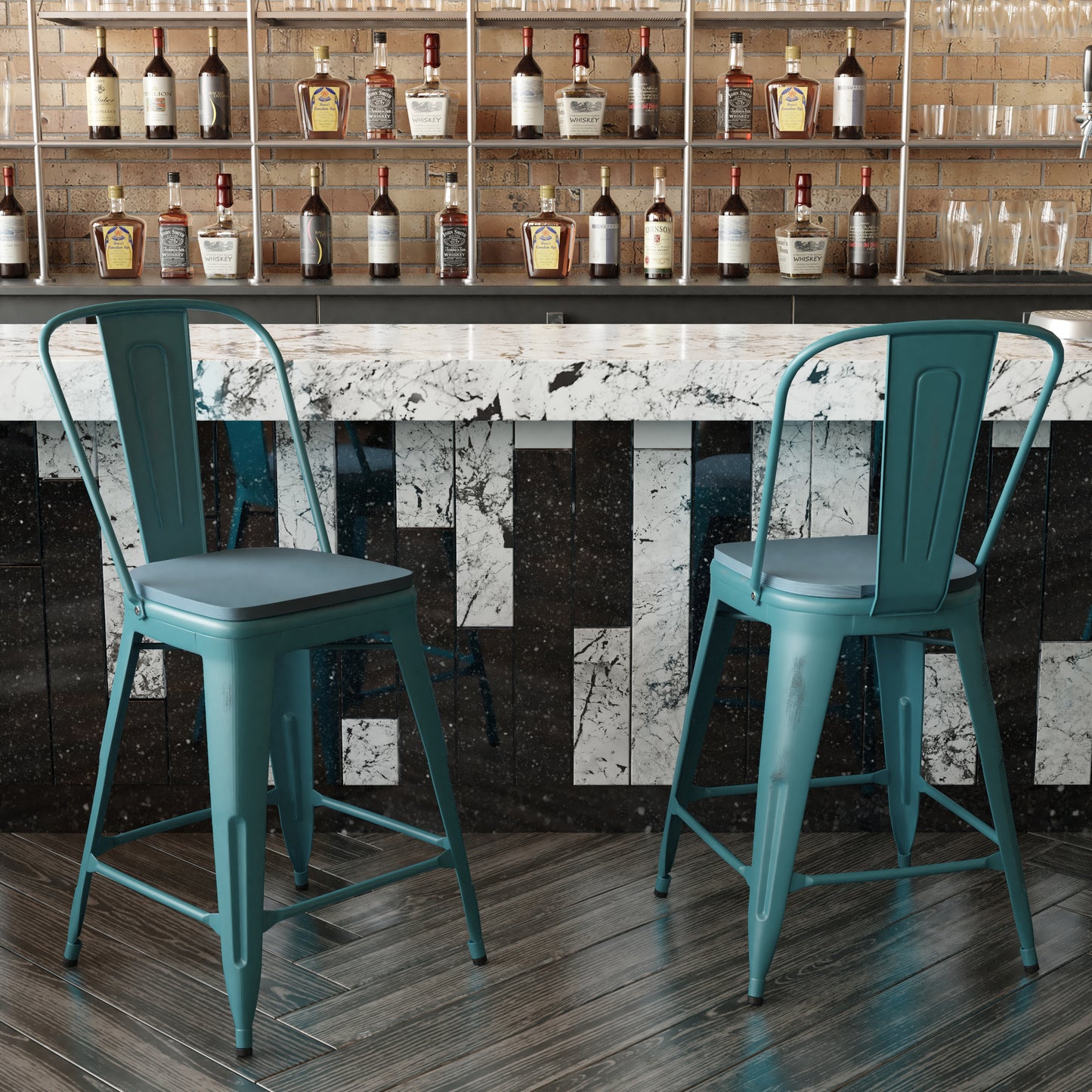 Blue-Tl Metal Stool-Teal Seat ET-3534-24-KB-PL1C-GG