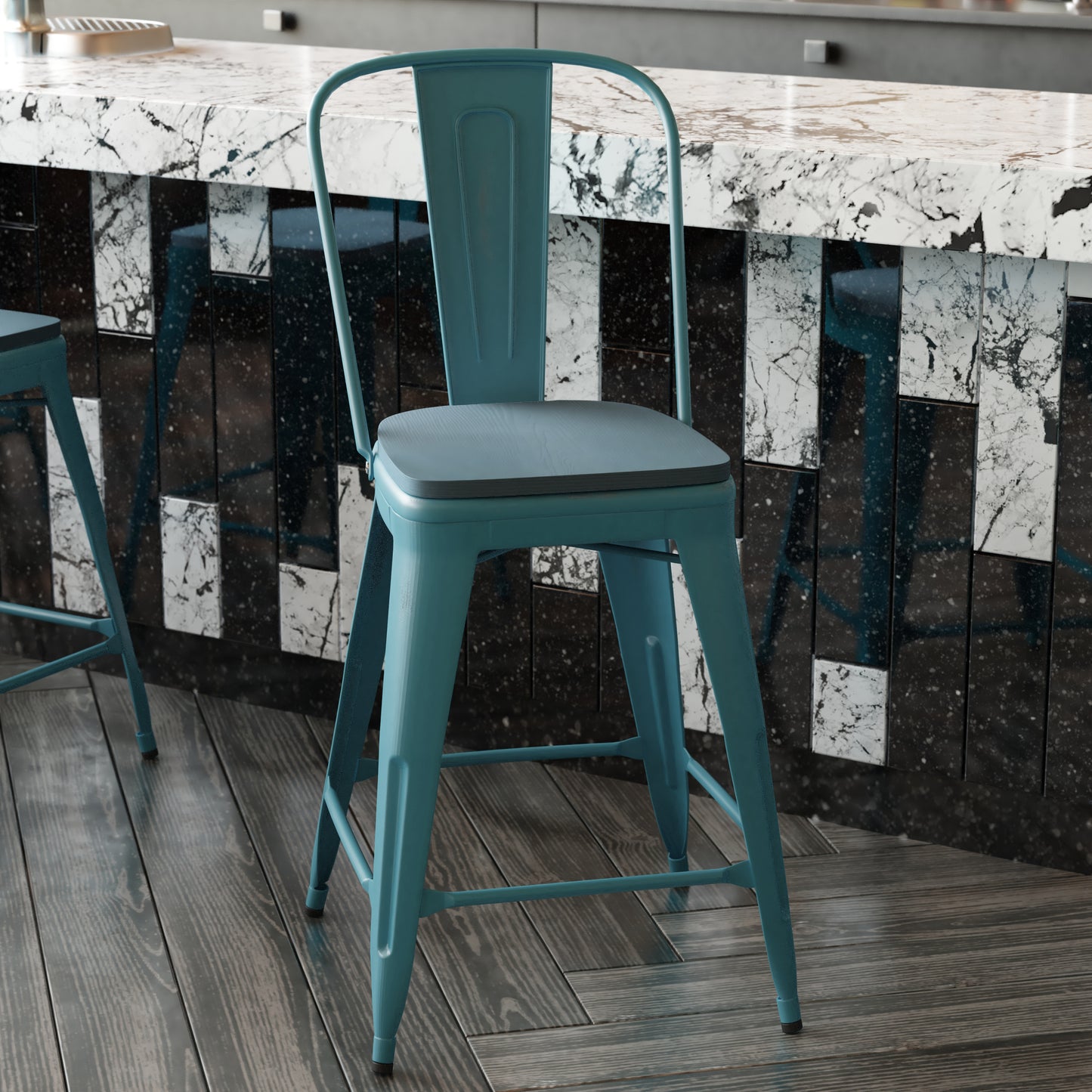 Blue-Tl Metal Stool-Teal Seat ET-3534-24-KB-PL1C-GG