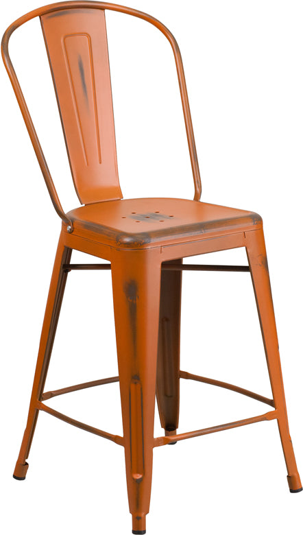 Distressed Orange Metal Stool ET-3534-24-OR-GG