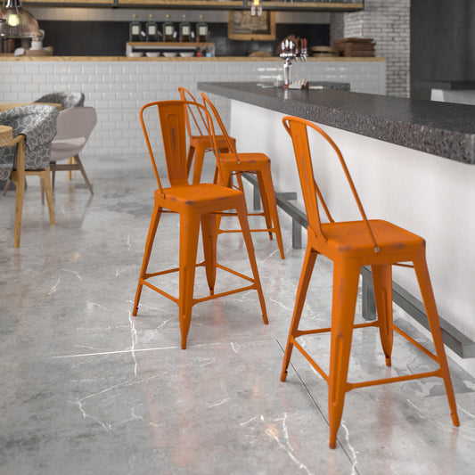 Distressed Orange Metal Stool ET-3534-24-OR-GG